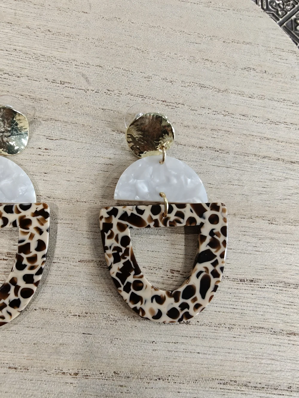 Leopard Pattern Resin Drop Earrings with Pearl Accent - Brown/White
